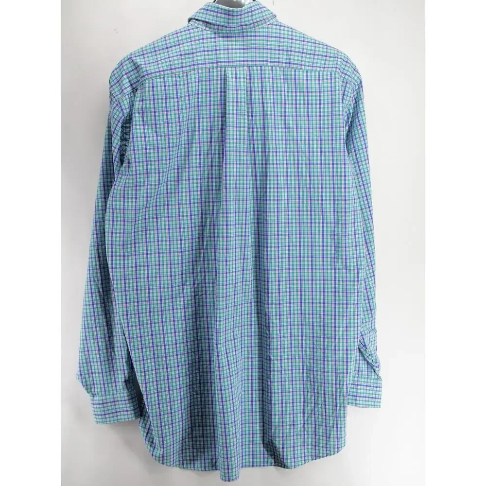 Polo Ralph Lauren Men Large Tall Blue Green Plaid Performance Casual Button Up